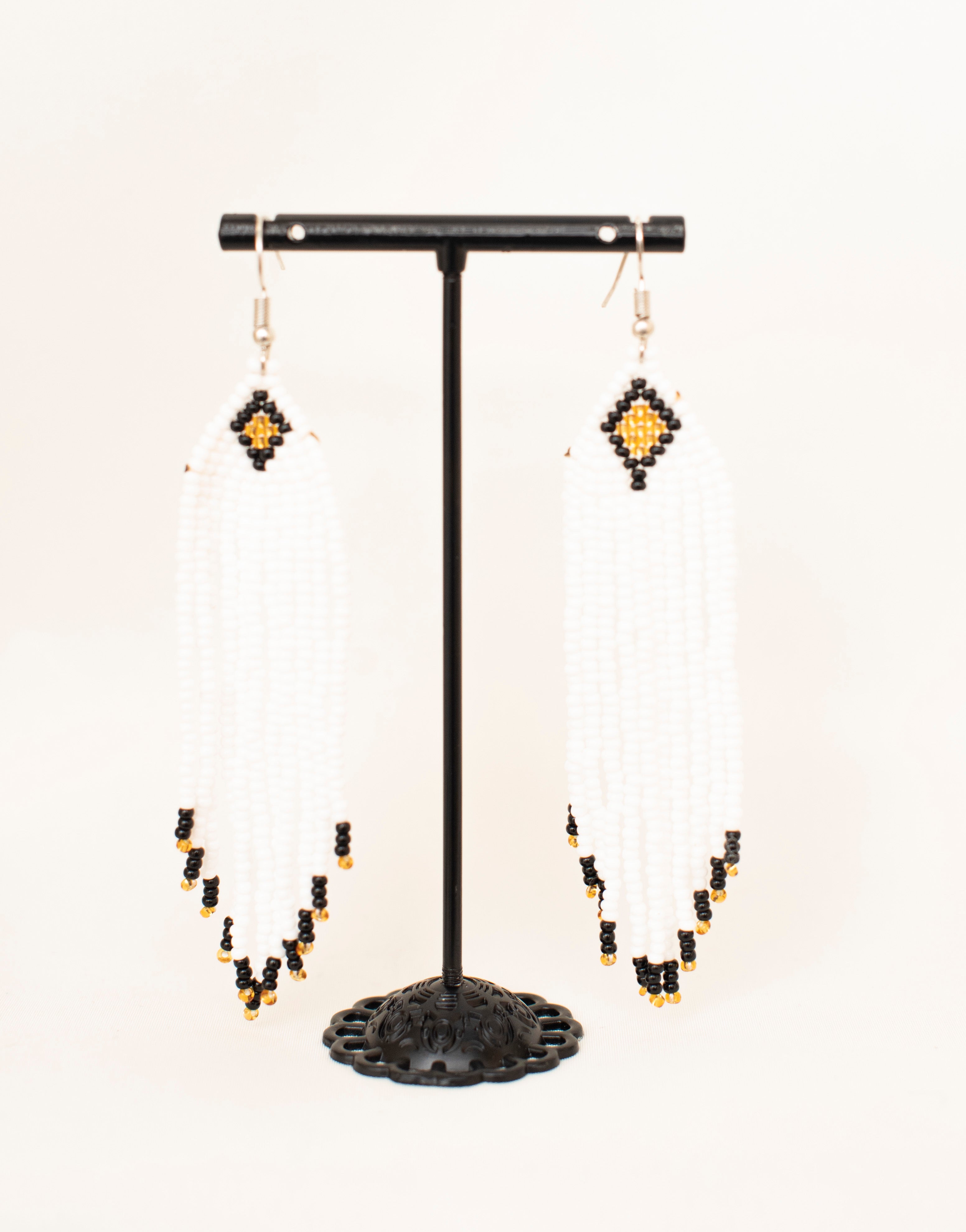 White Beaded Long Earrings