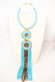 Long Fringes Beaded Double-Pendant Necklace