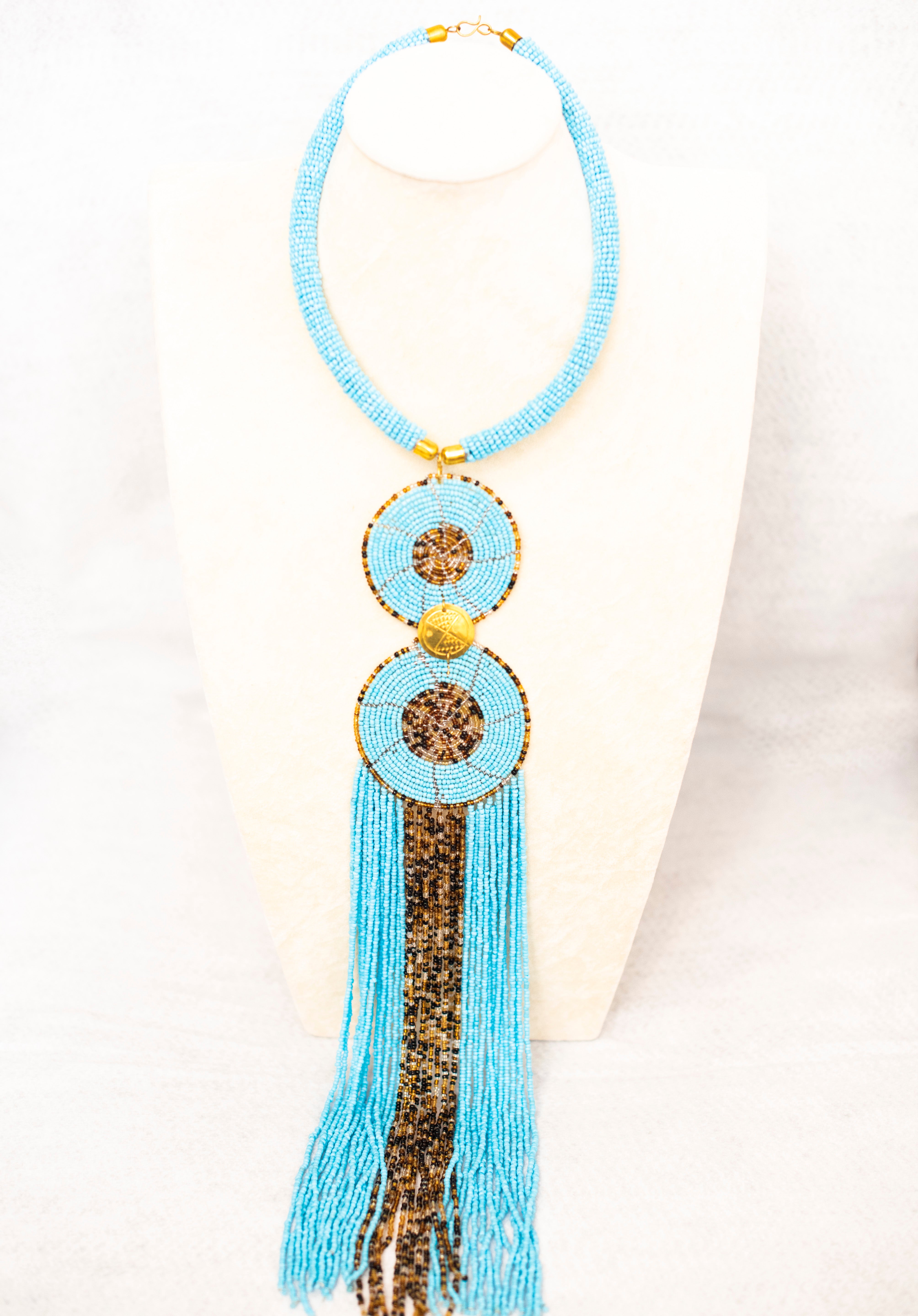 Long Fringes Beaded Double-Pendant Necklace