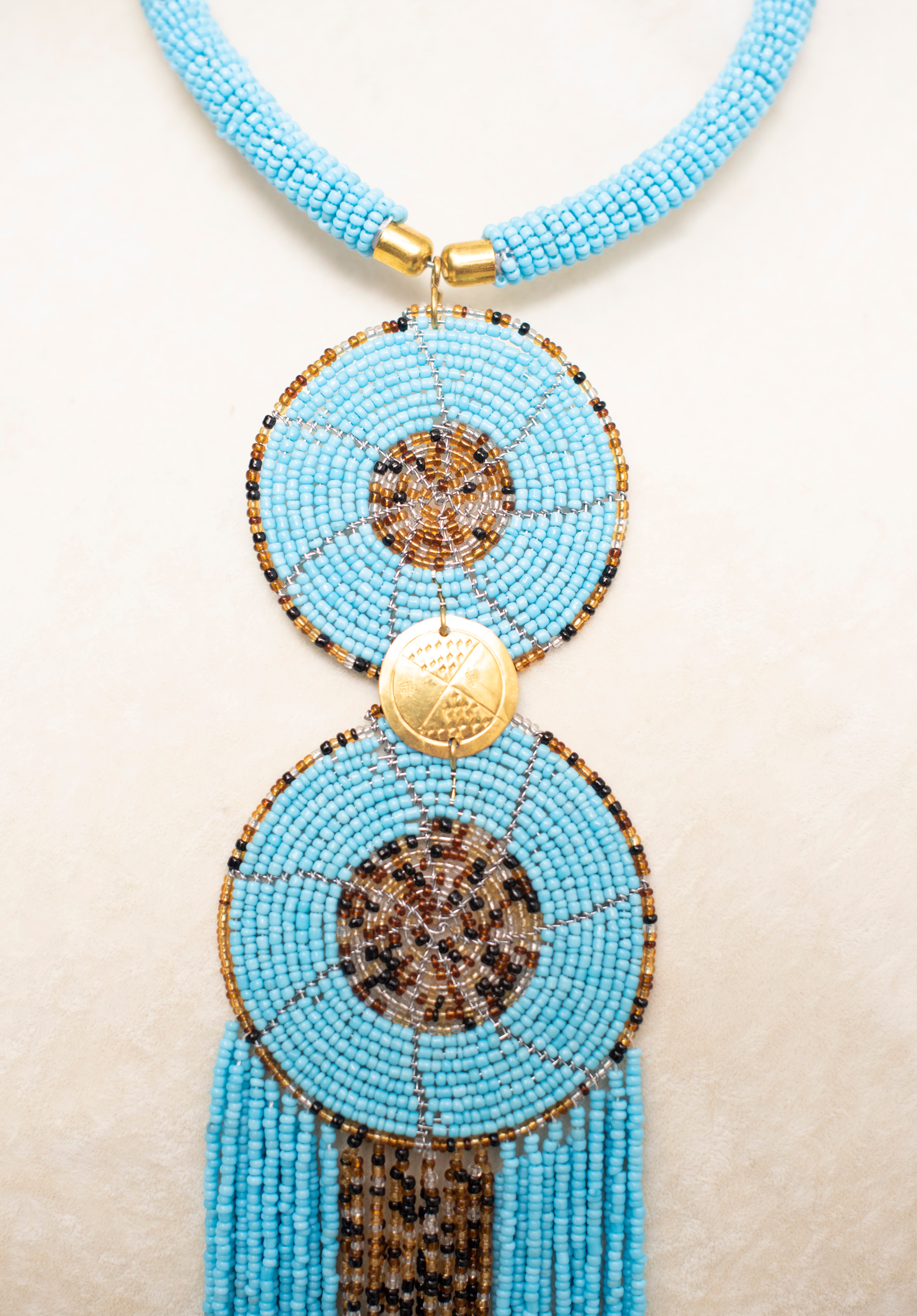 Long Fringes Beaded Double-Pendant Necklace