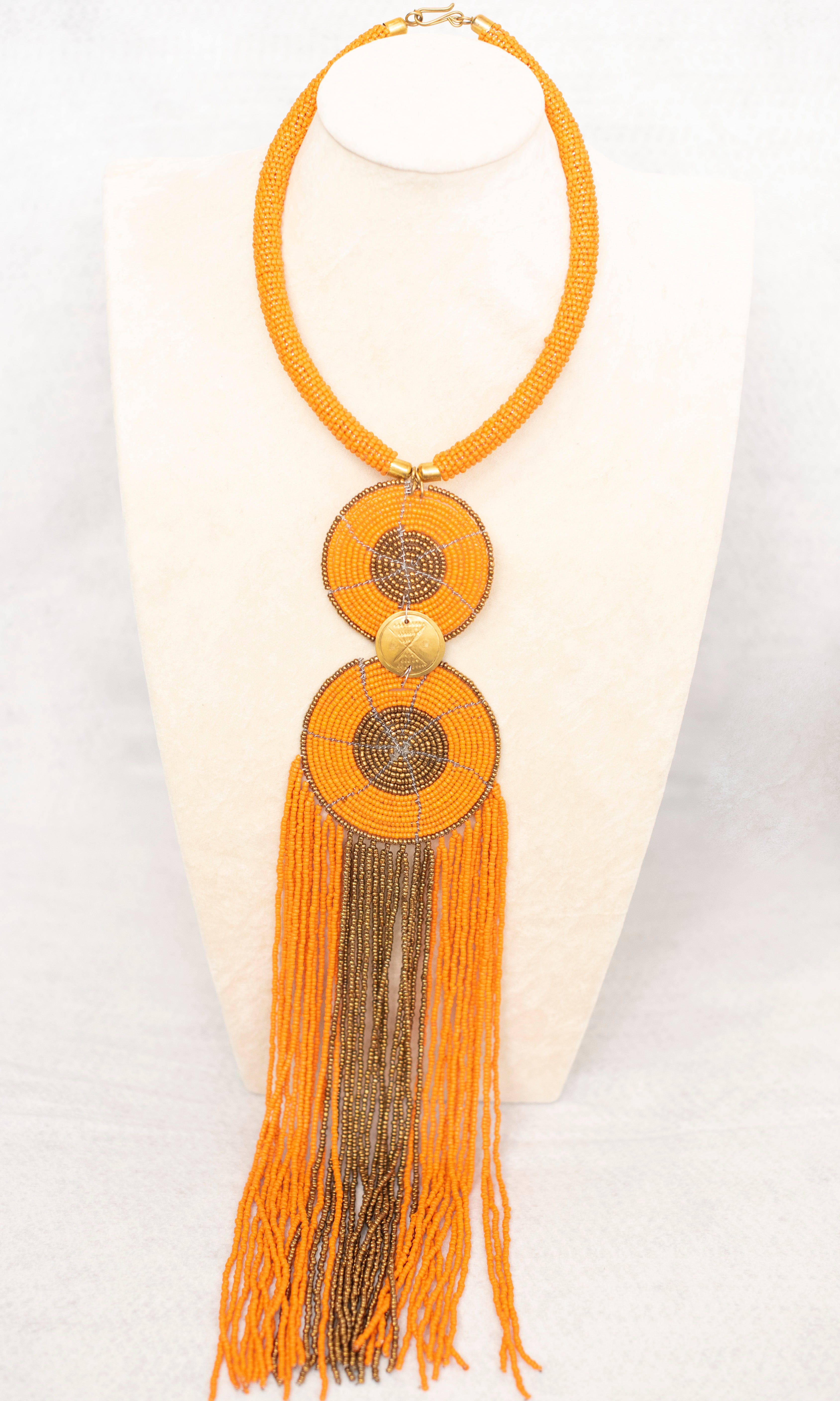 Long Fringes Beaded Double-Pendant Necklace