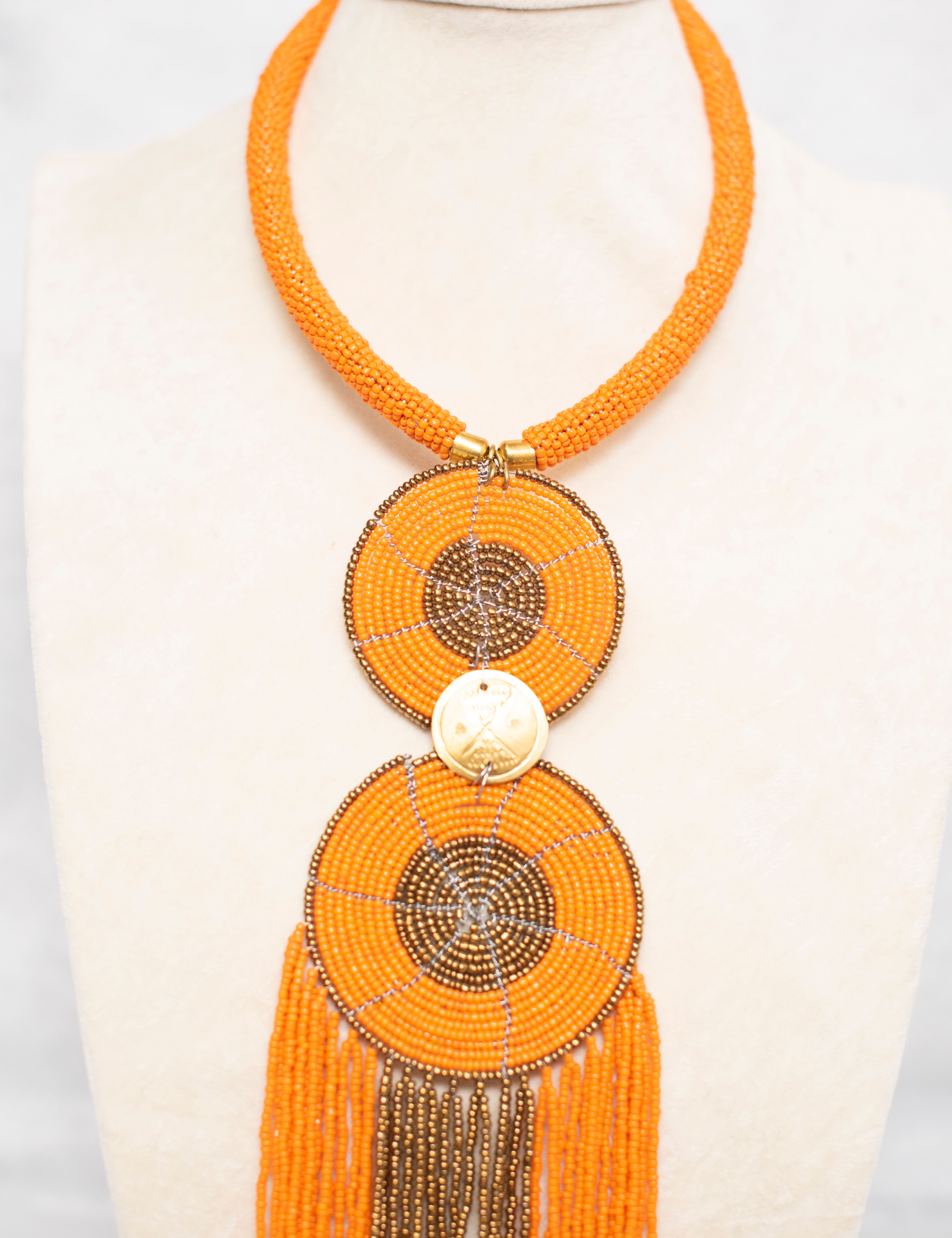 Long Fringes Beaded Double-Pendant Necklace