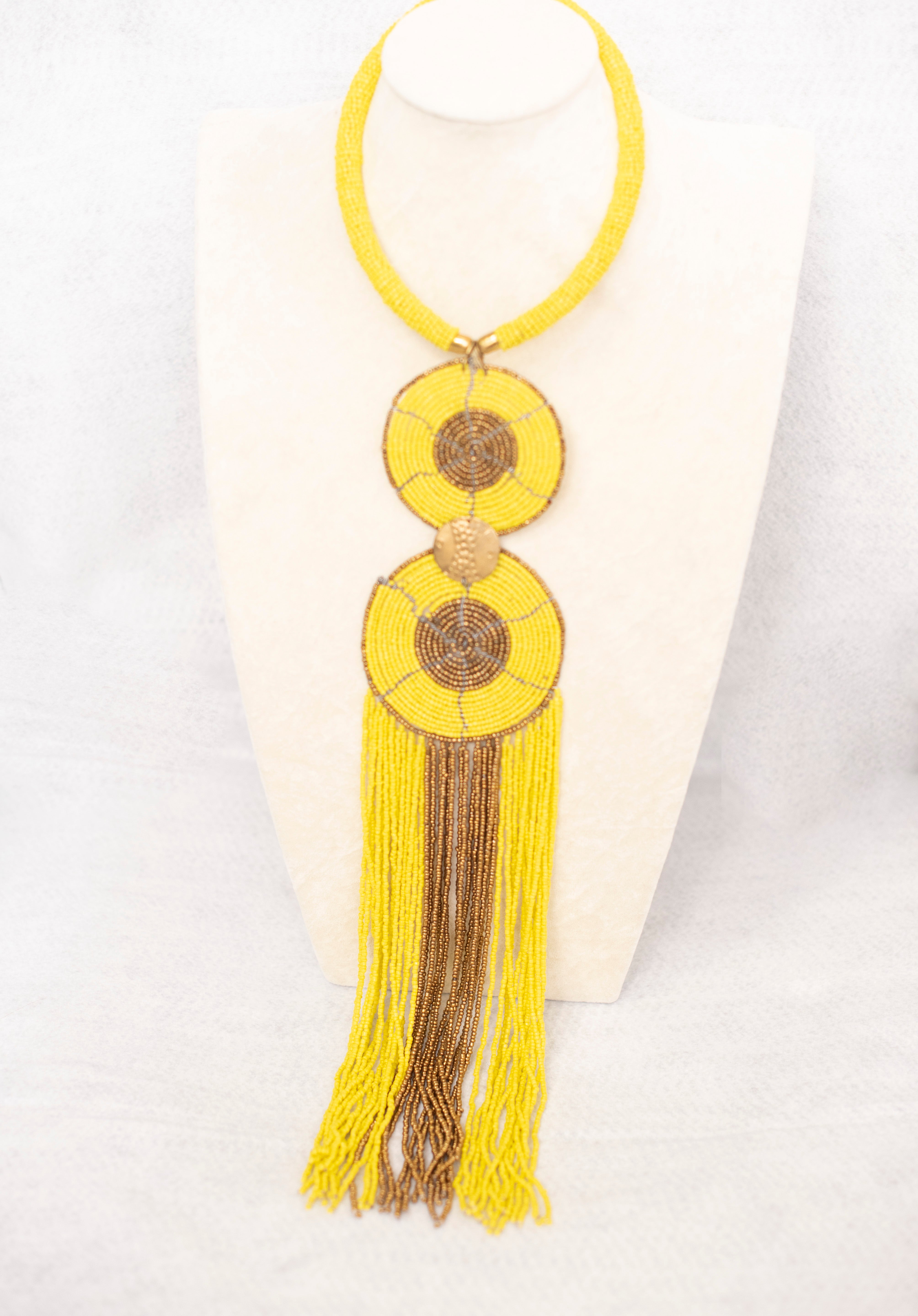 Long Fringes Beaded Double-Pendant Necklace