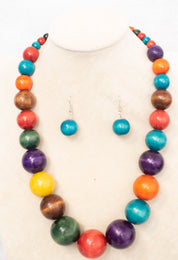 Multicolor Wooden Beads Necklace with Earrings