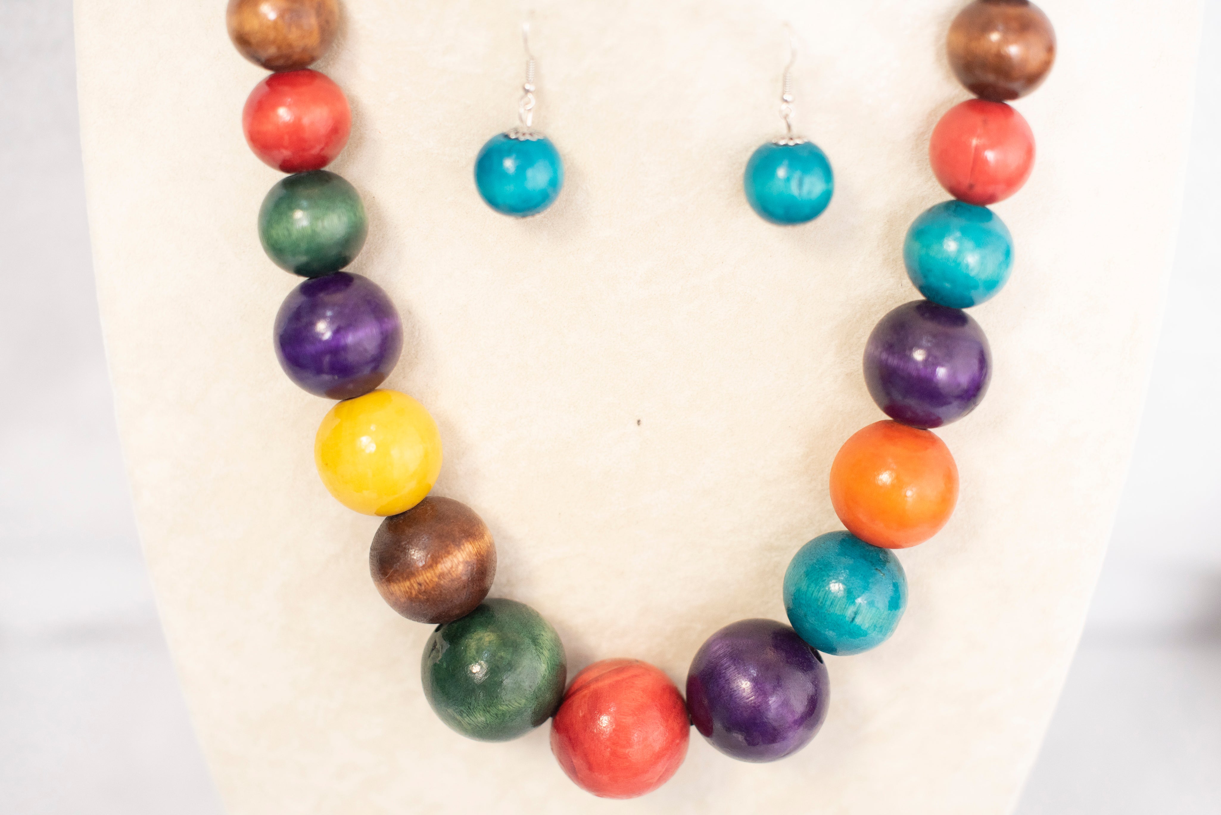 Multicolor Wooden Beads Necklace with Earrings