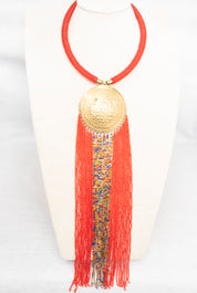 Red Beaded Bronze Pendant Necklace