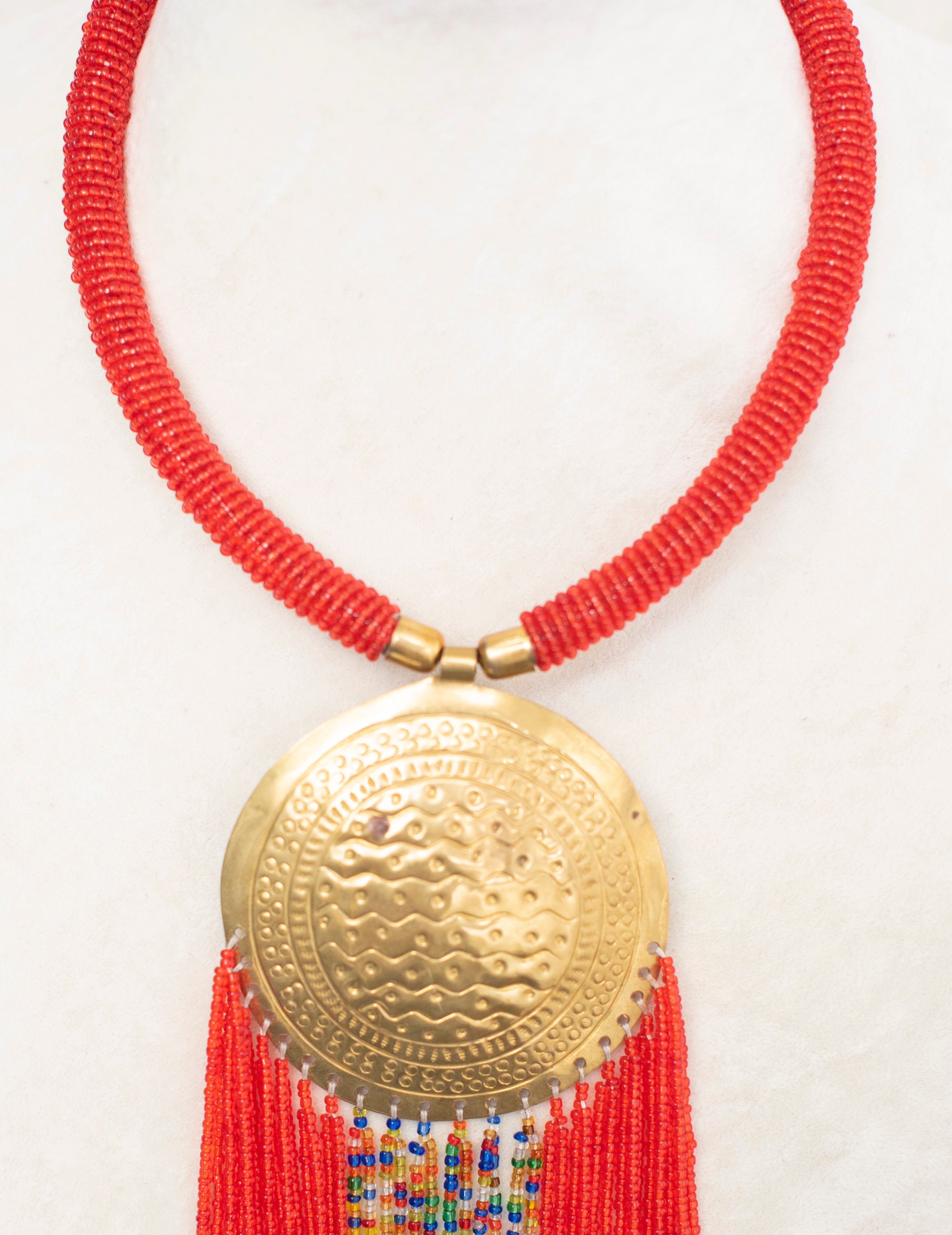 Red Beaded Bronze Pendant Necklace