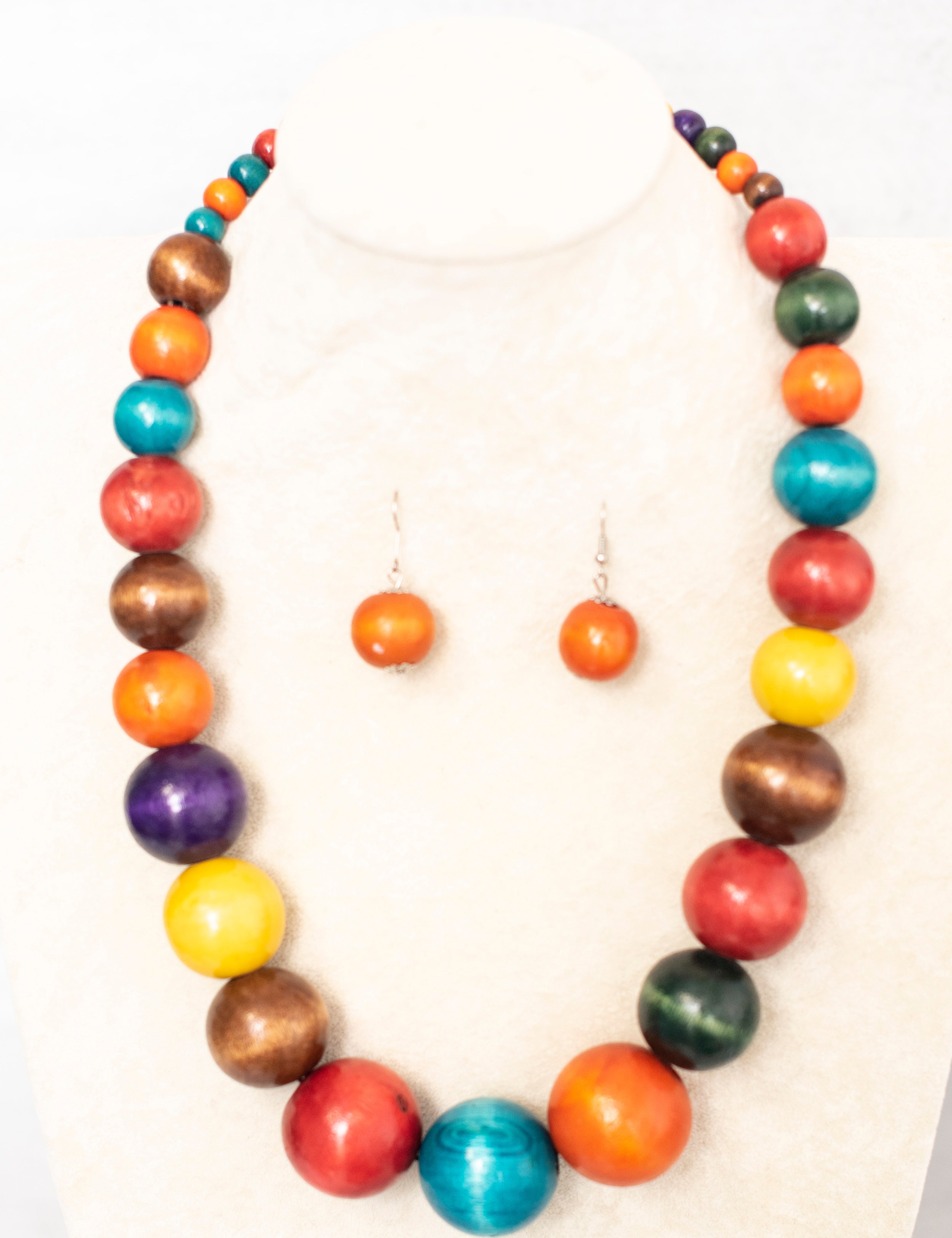 Multicolor Wooden Beads Necklace with Earrings