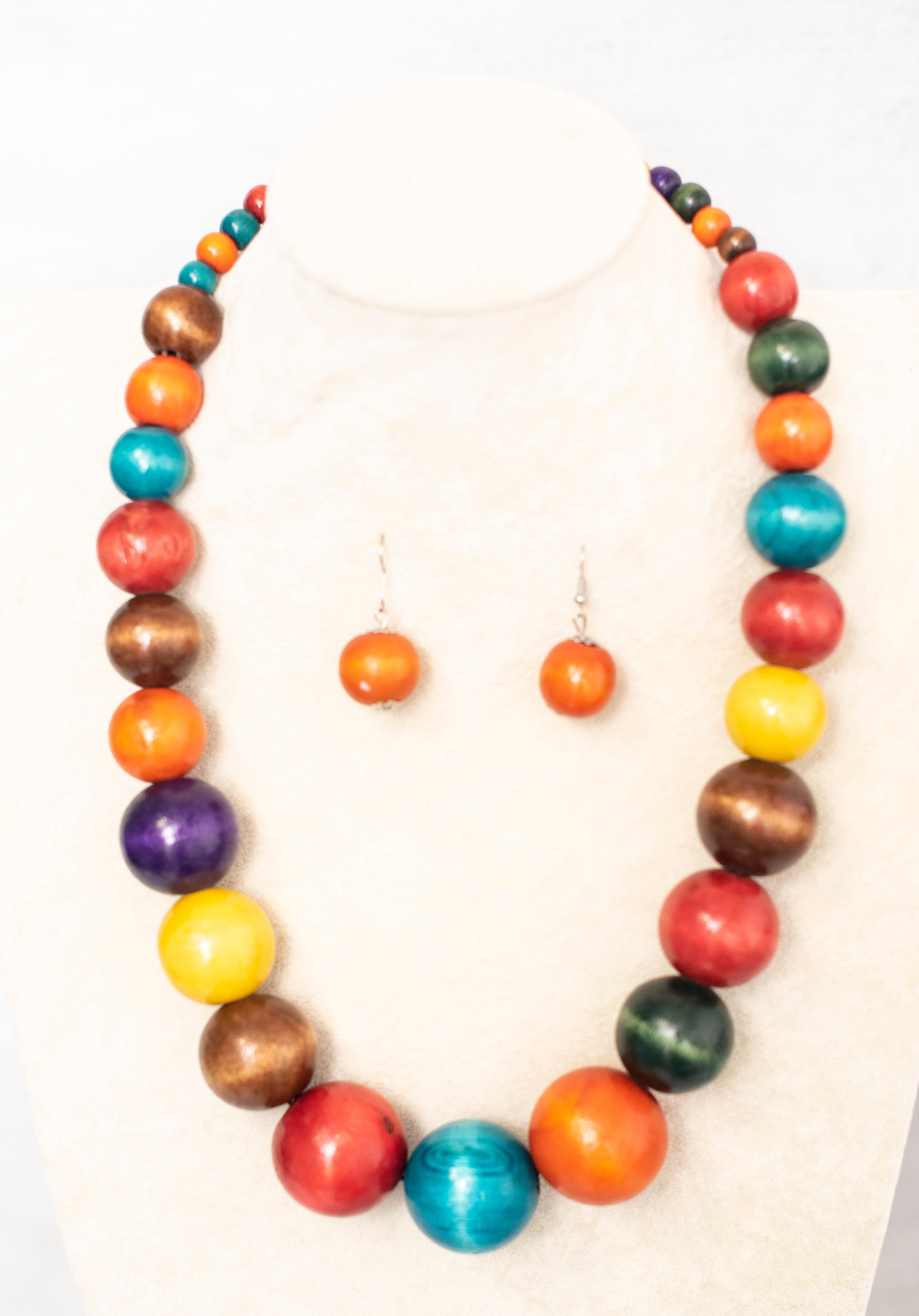 Multicolor Wooden Beads Necklace with Earrings