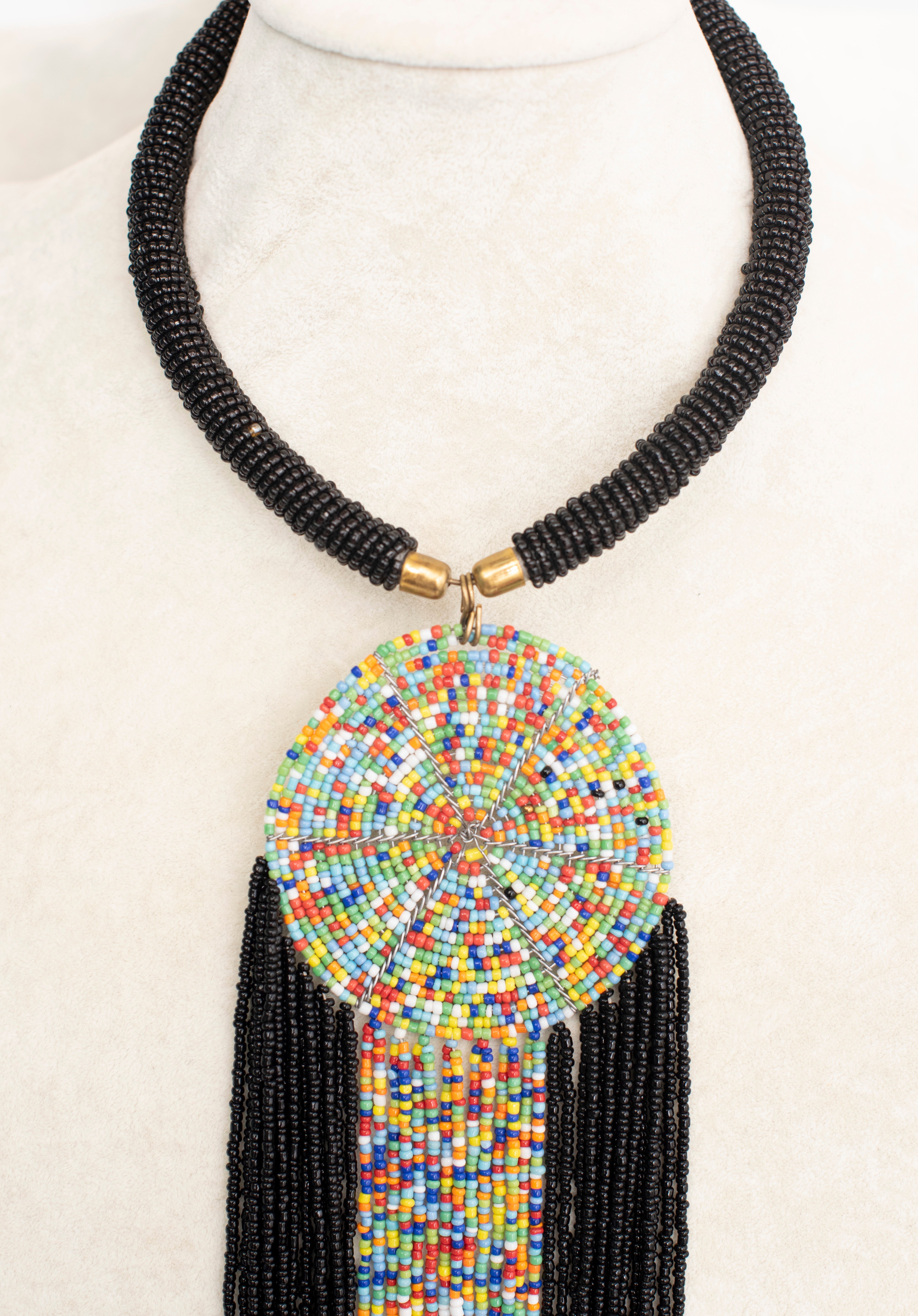 Black Beaded Tassels Necklace