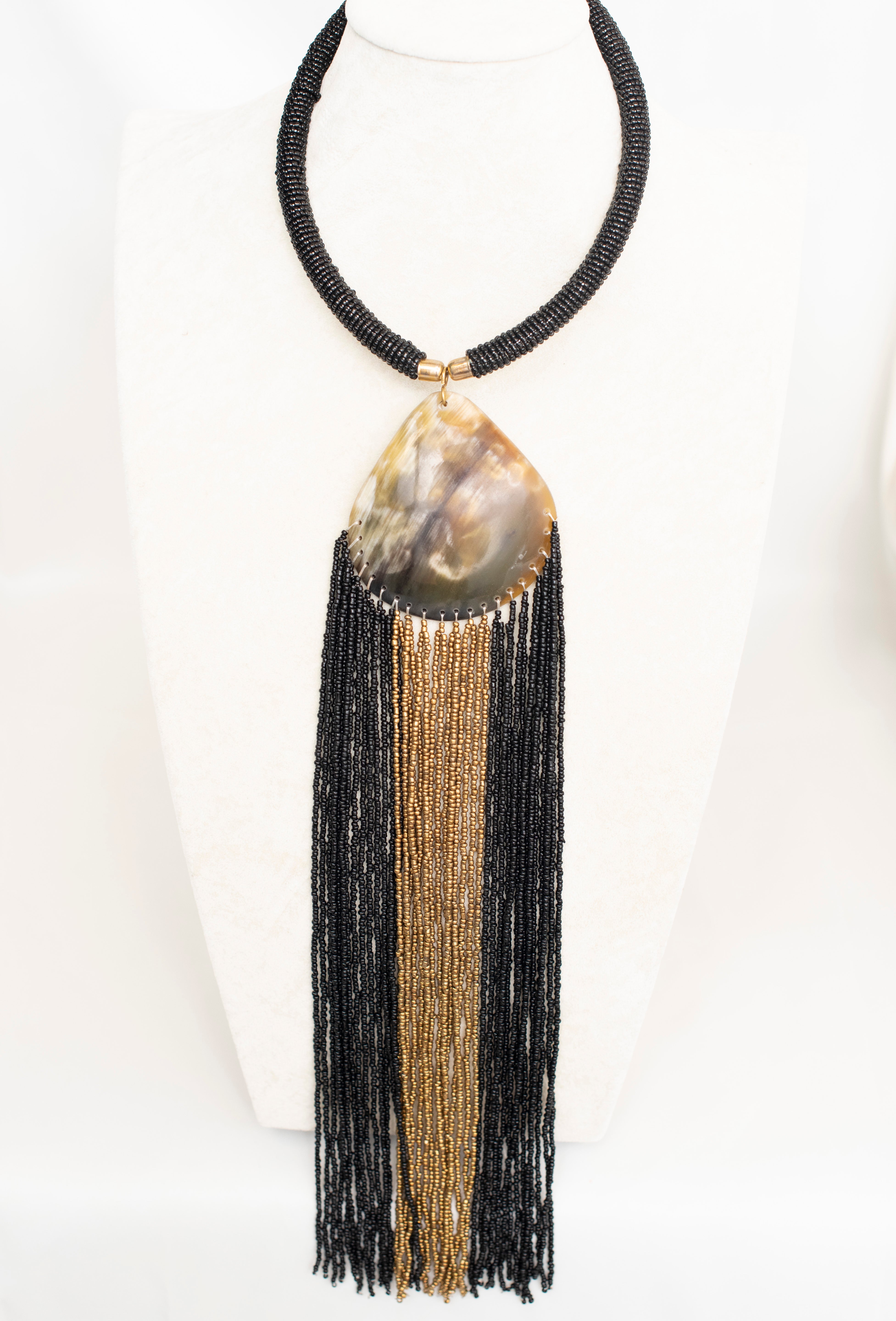 Black Beaded Bronze Pendant Necklace