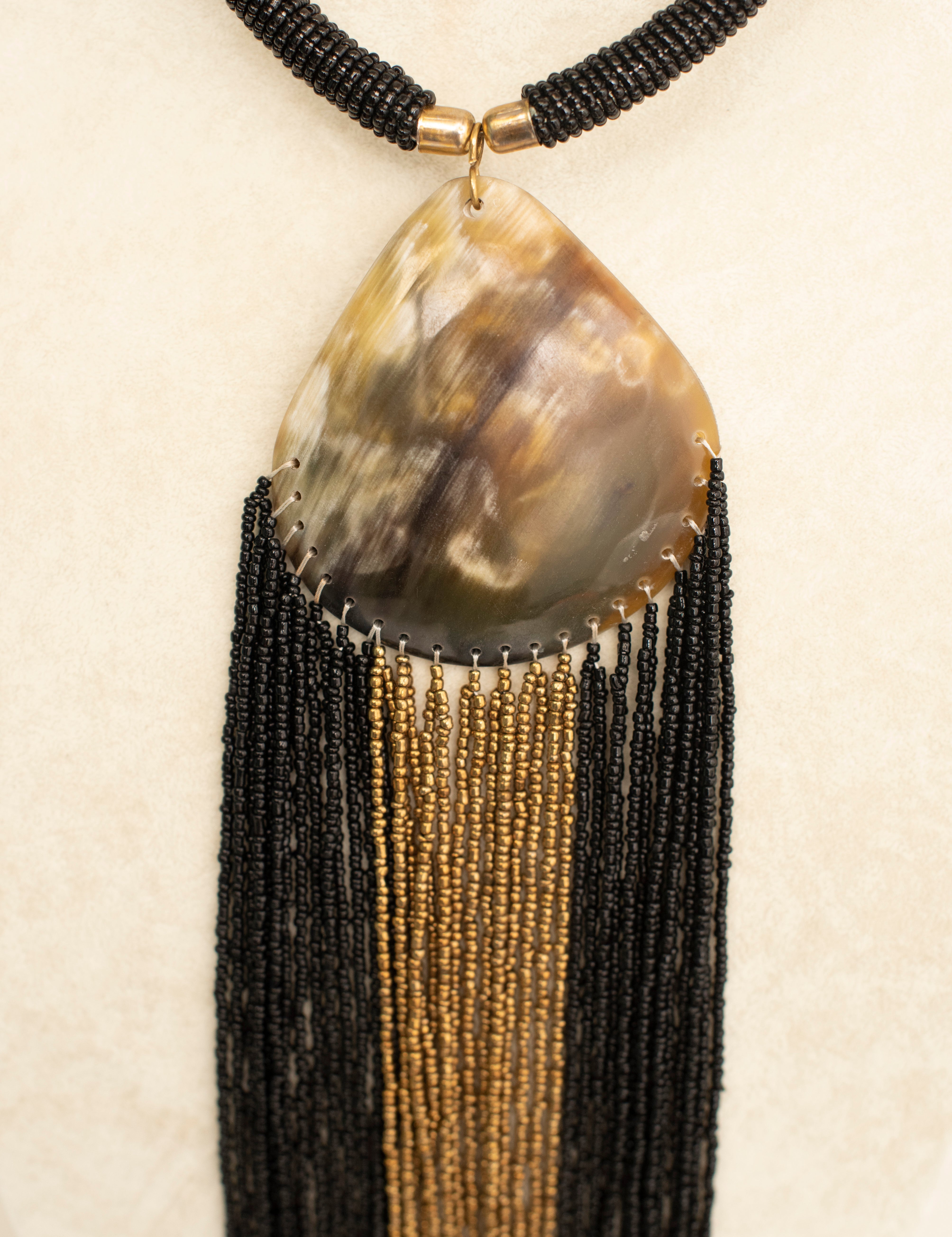 Black Beaded Bronze Pendant Necklace