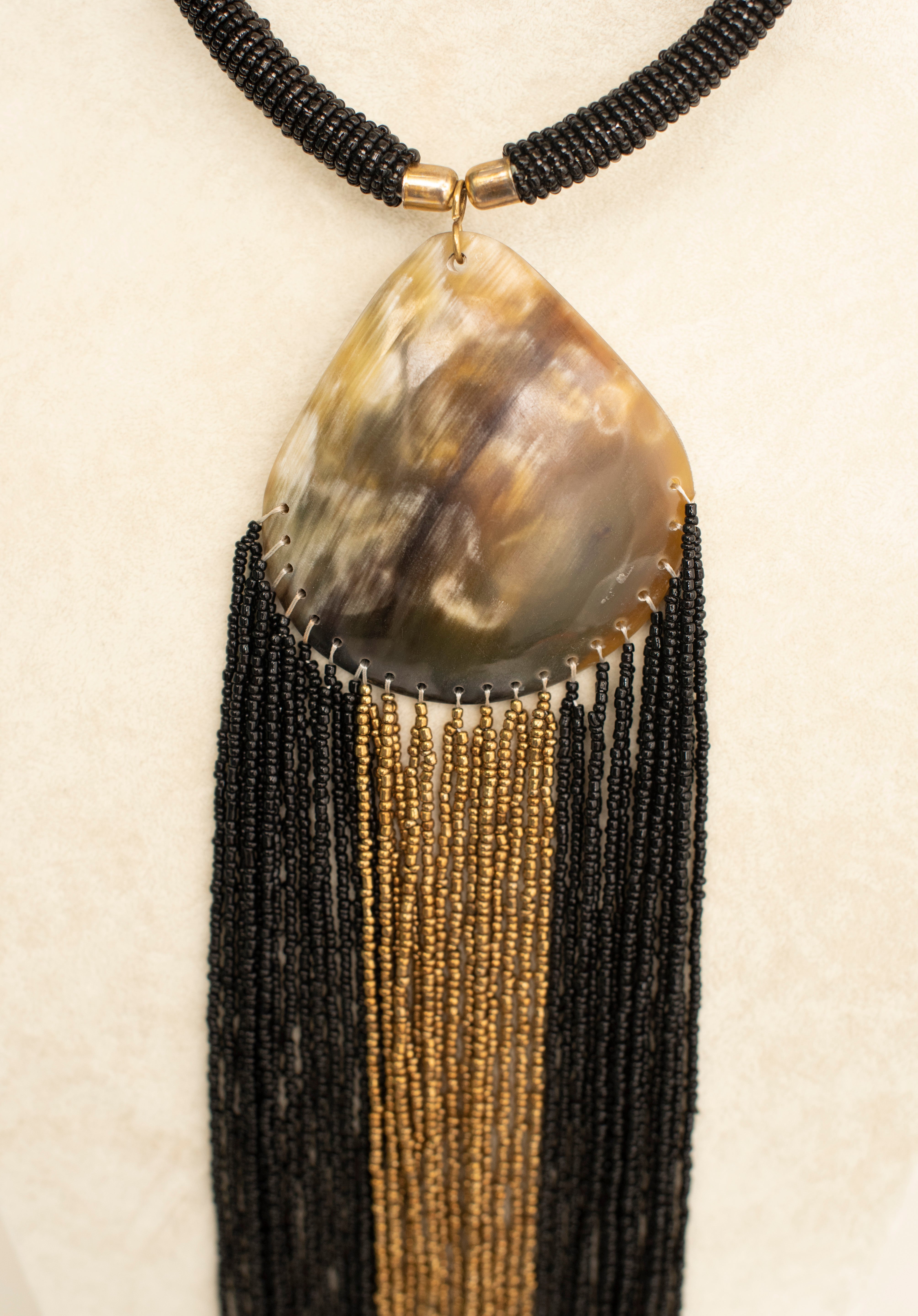 Black Beaded Bronze Pendant Necklace