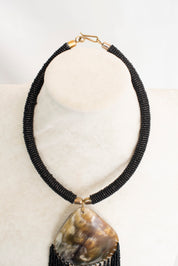 Black Beaded Bronze Pendant Necklace