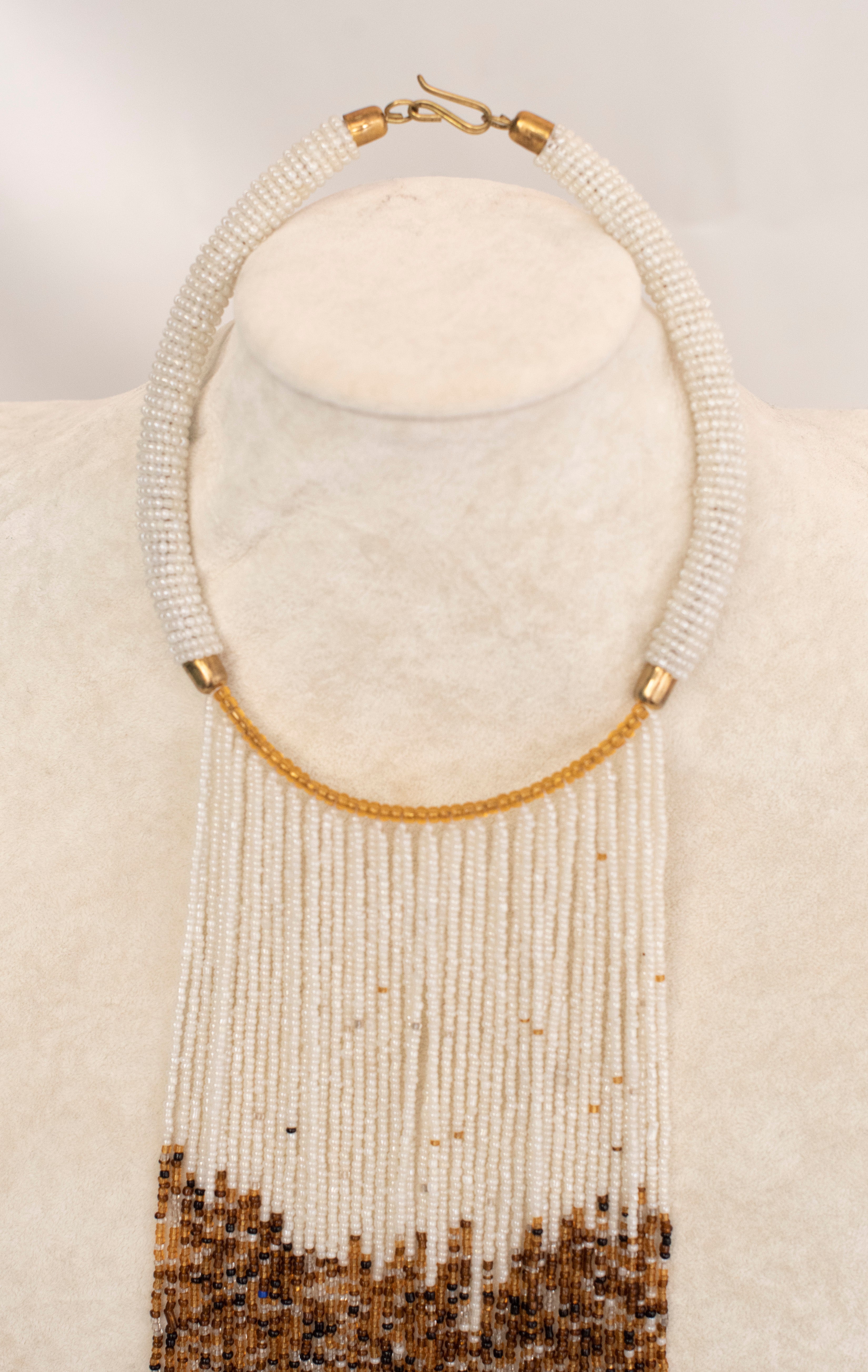 Ethnic White Tassels Beaded Necklace