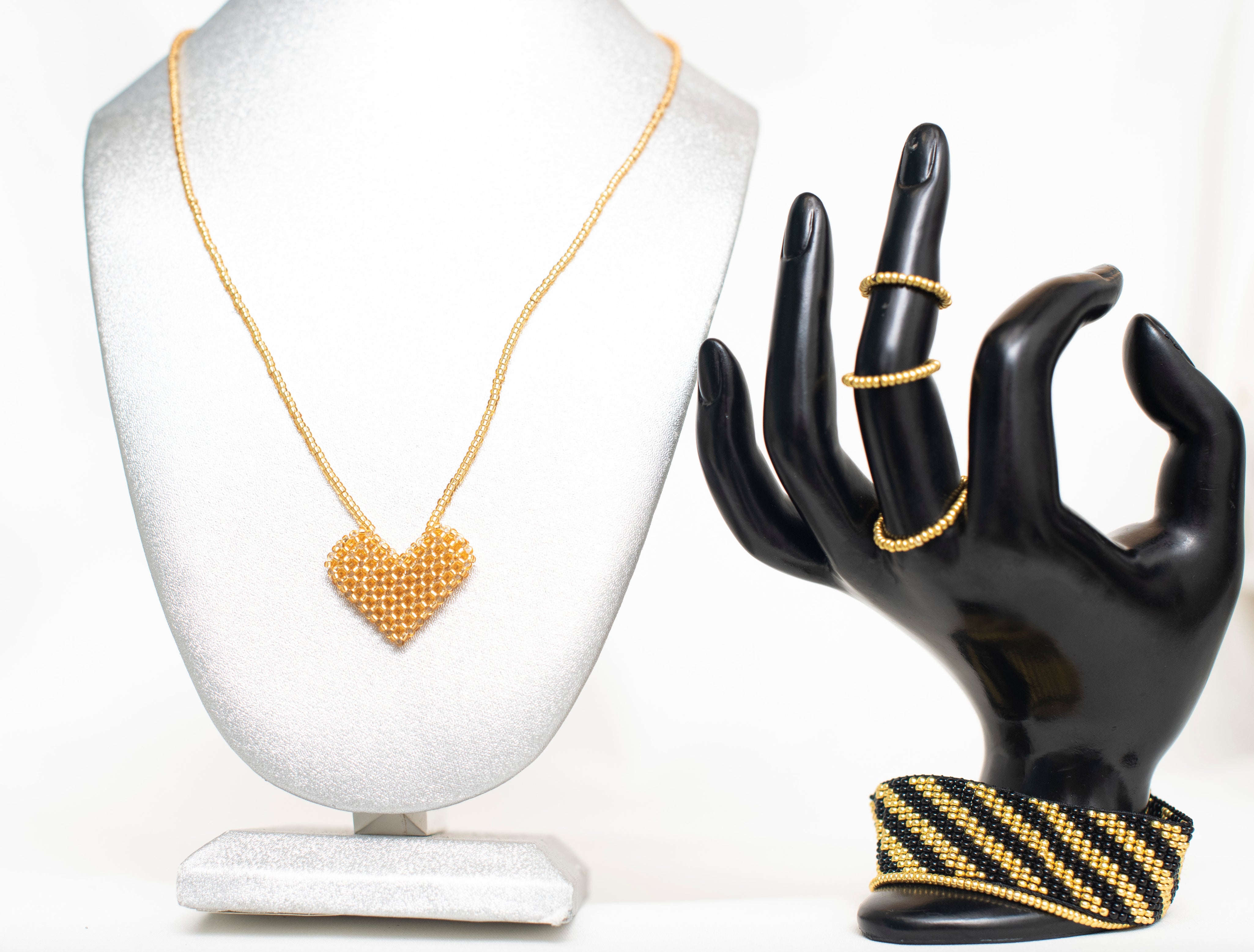 Black Golden Heart Beaded Necklace, Bracelet and Rings