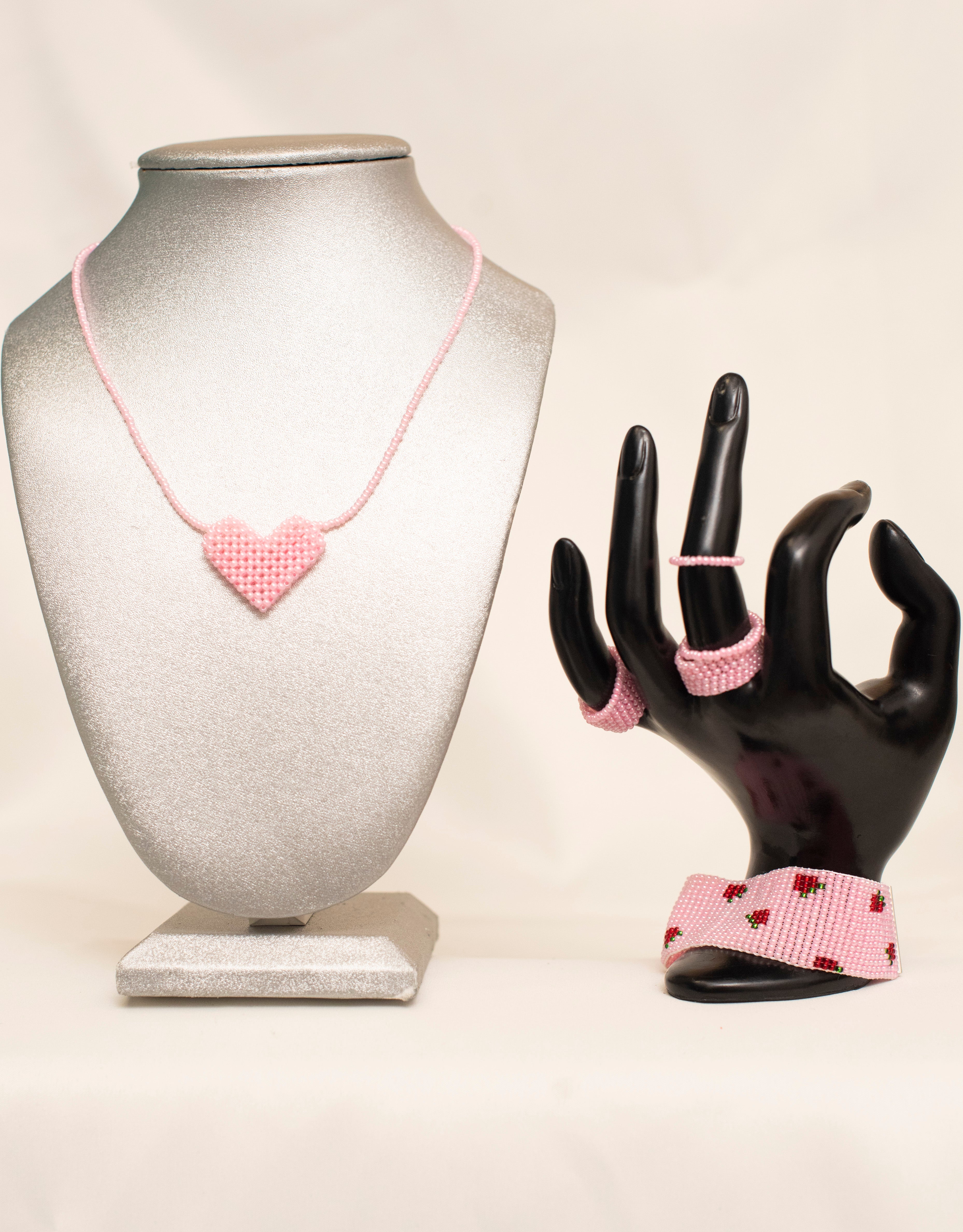 Pink Heart Beaded Necklace, Bracelet and Rings