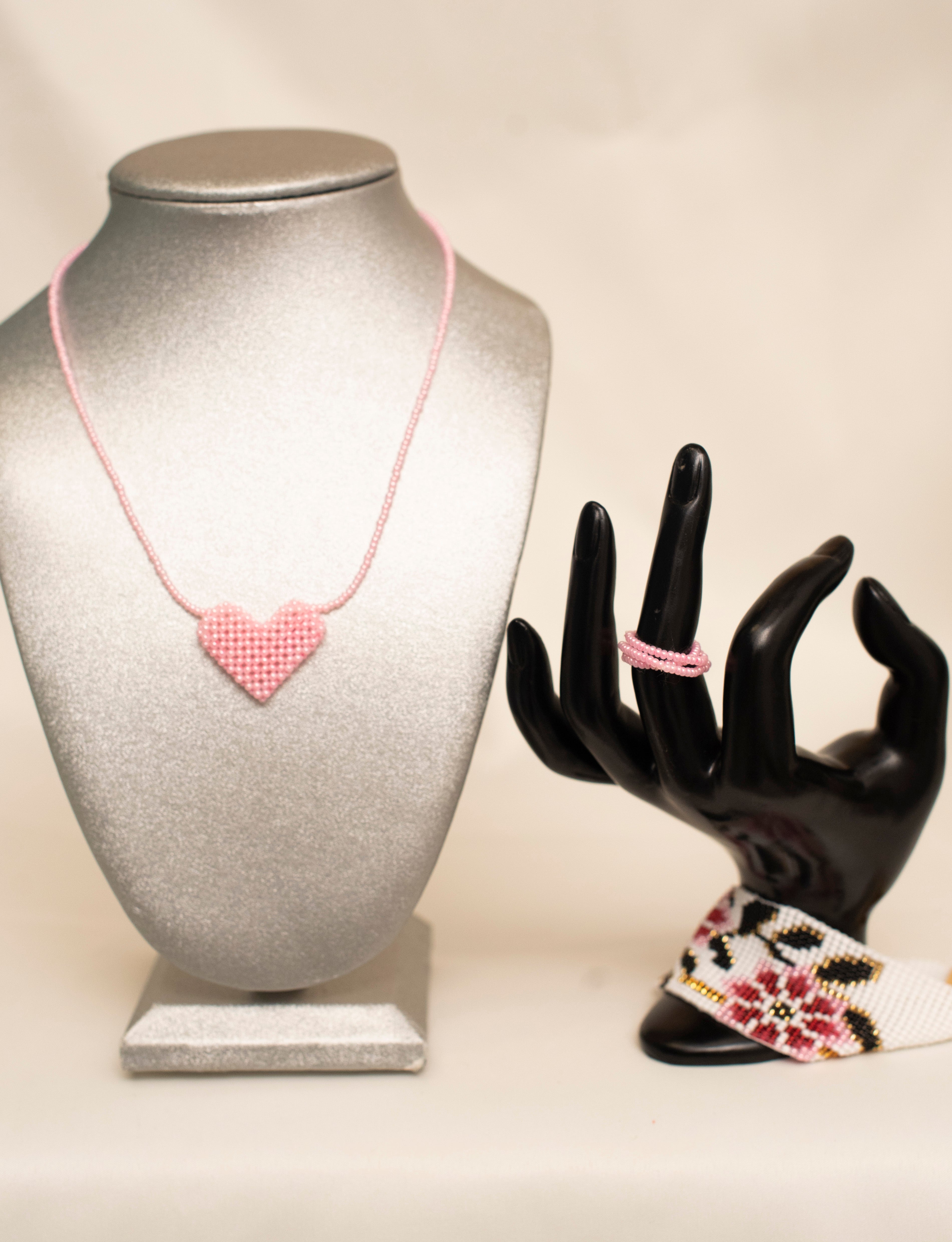 Pink Heart Beaded Necklace, Flower Bracelet and Rings