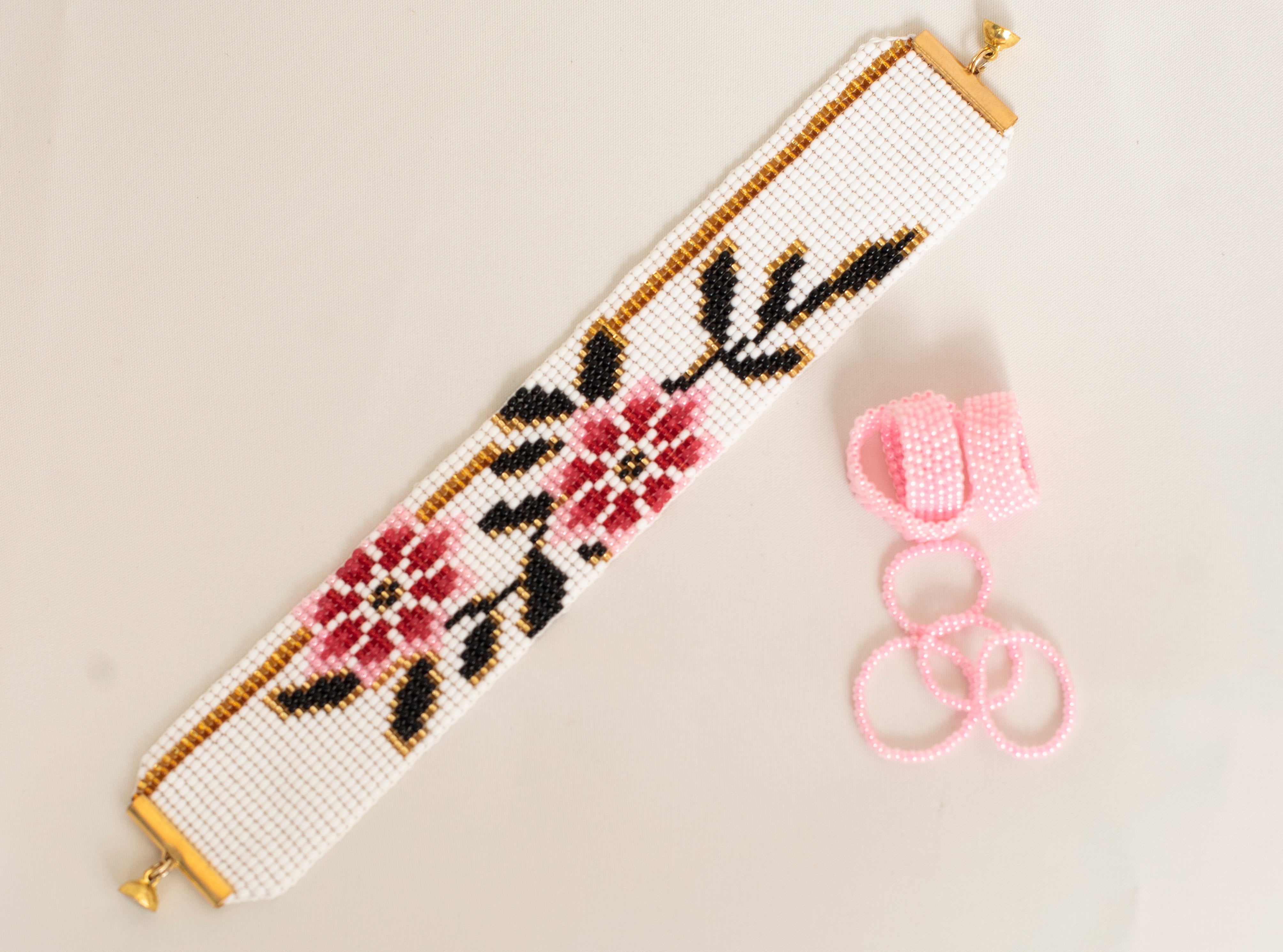 Pink Heart Beaded Necklace, Flower Bracelet and Rings