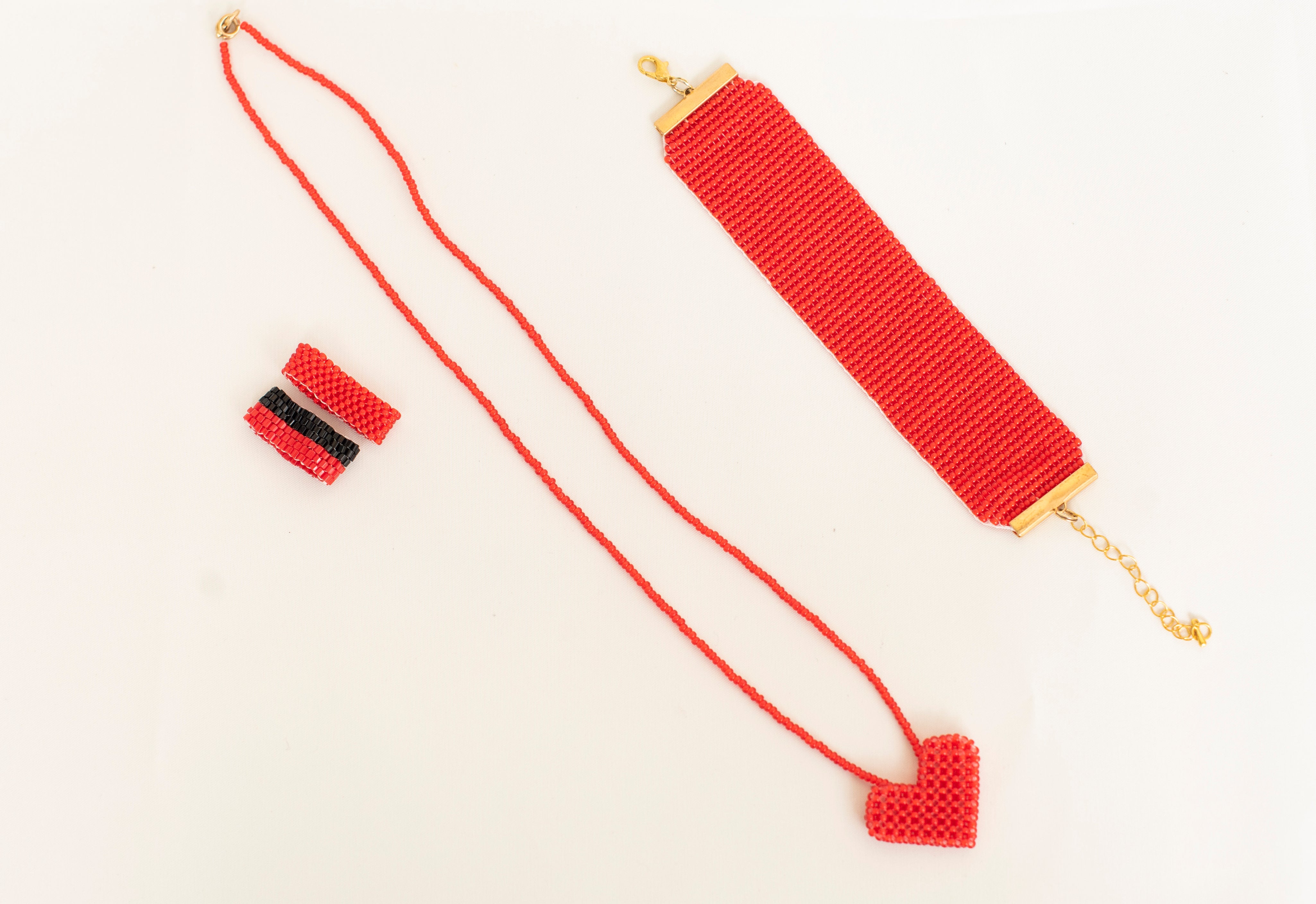 Red Heart Beaded Necklace, Bracelet and Rings