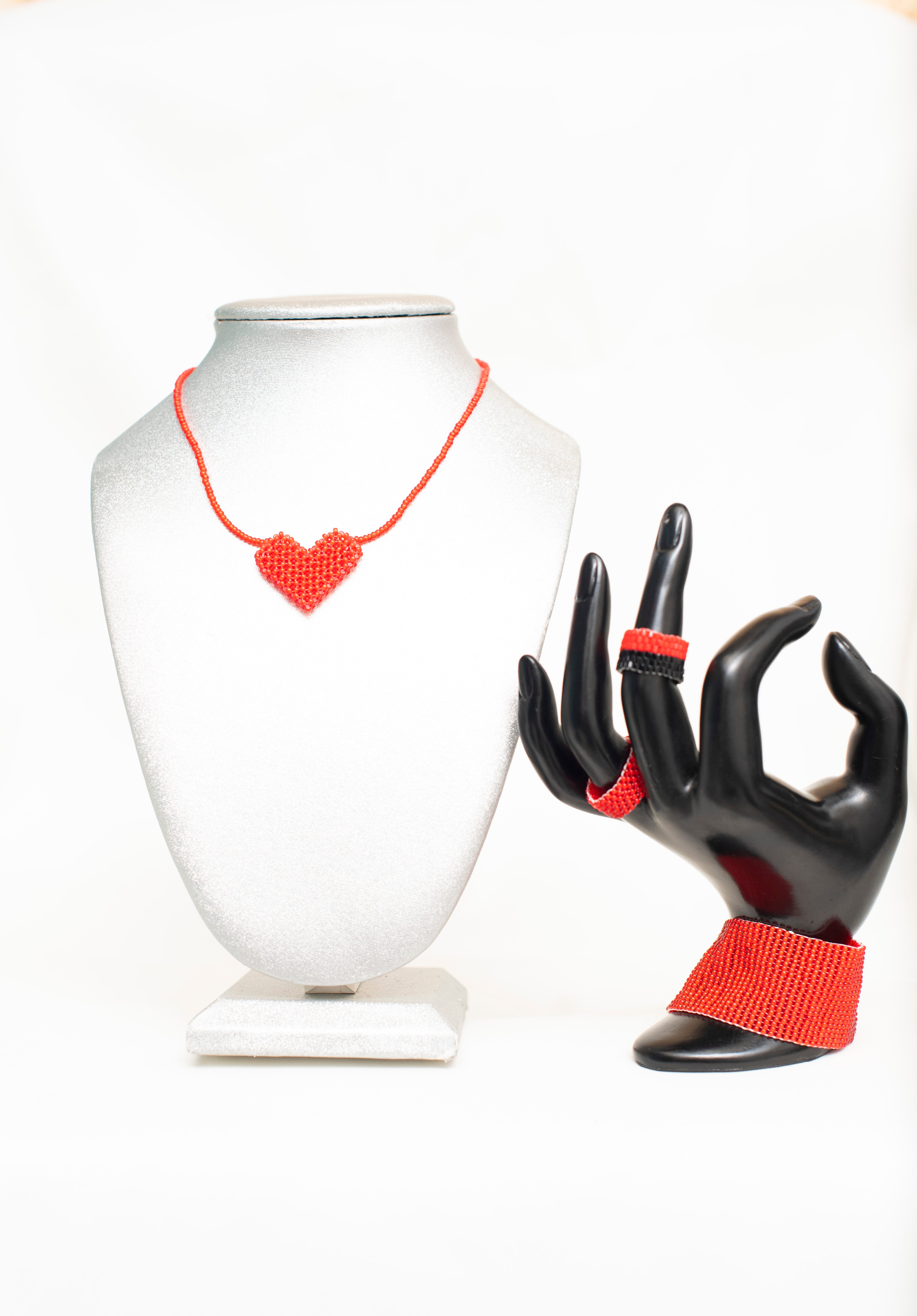 Red Heart Beaded Necklace, Bracelet and Rings