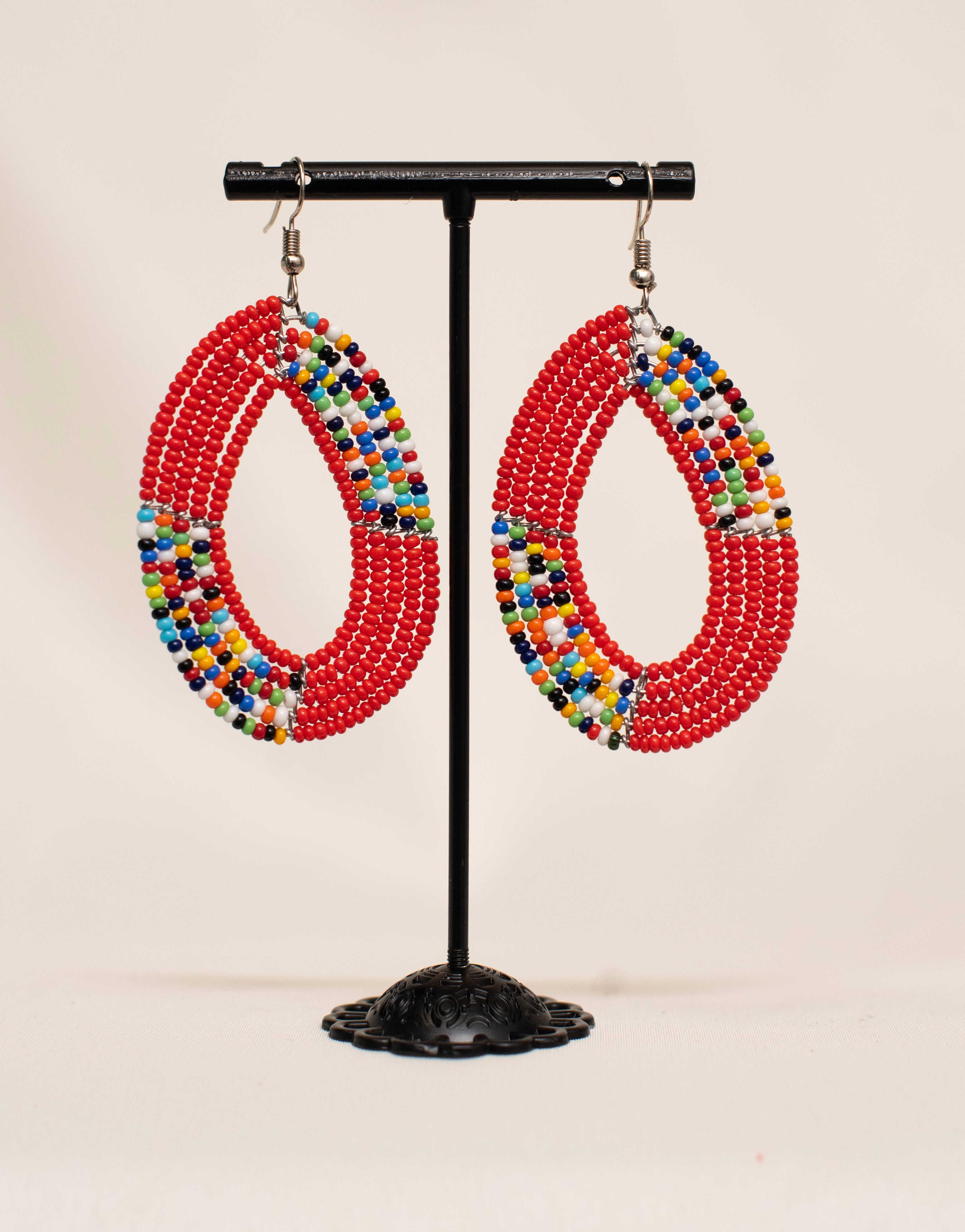 Thread Beaded Red Earrings